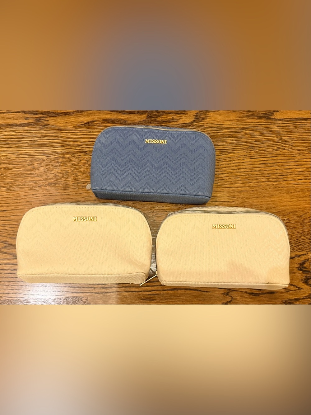 Missoni Chevron Pattern Blue and creme Cosmetic Bag Set x3